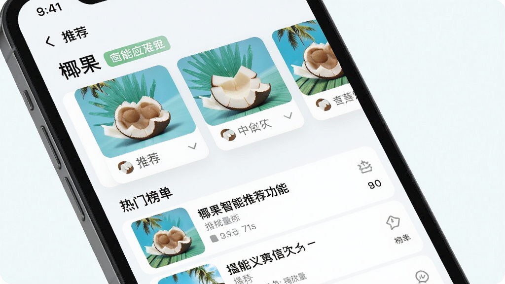 一幅展示“椰果”应用智能推荐功能的场景图,主体为手机屏幕特写,屏幕中显示个性化推荐列表和热门榜单,布局为上方横向滑动卡片、下方纵向列表,风格为清新浅色系UI,细节包括推荐标签、播放量数字、封面缩略图,画质干净清晰,无多余元素