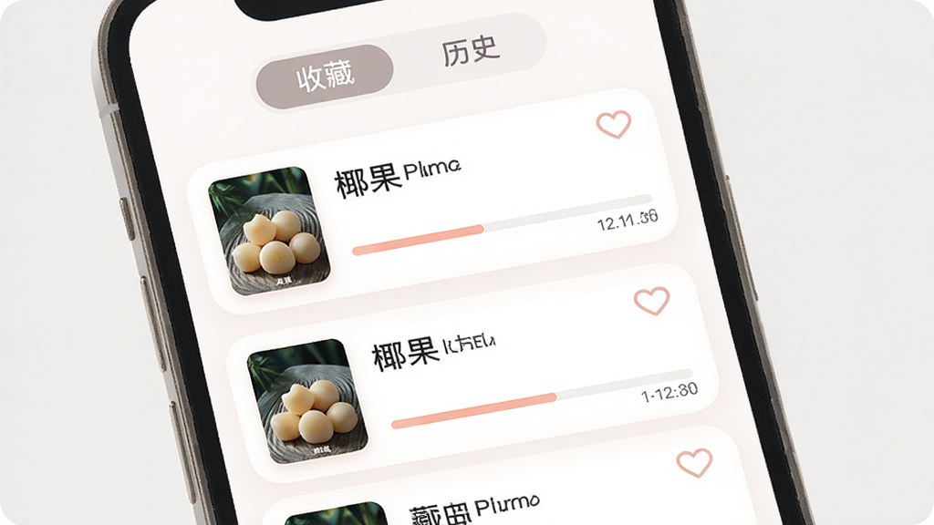 一张表现“椰果”收藏与观看记录功能的界面图,主体为手机屏幕,布局为顶部标签切换“收藏”“历史”,下方为剧集卡片列表,每张卡片含封面、剧名、进度条,风格为柔和圆角卡片设计,细节包括收藏心形图标、时间戳,画质清晰干净,无多余元素