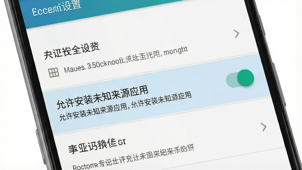 一张手机安全设置界面的示意图,主体为安卓手机屏幕,布局为设置列表,高亮显示“允许安装未知来源应用”开关,风格为系统原生UI风格,细节包括权限说明文字、开关按钮状态,画质清晰干净,无多余元素