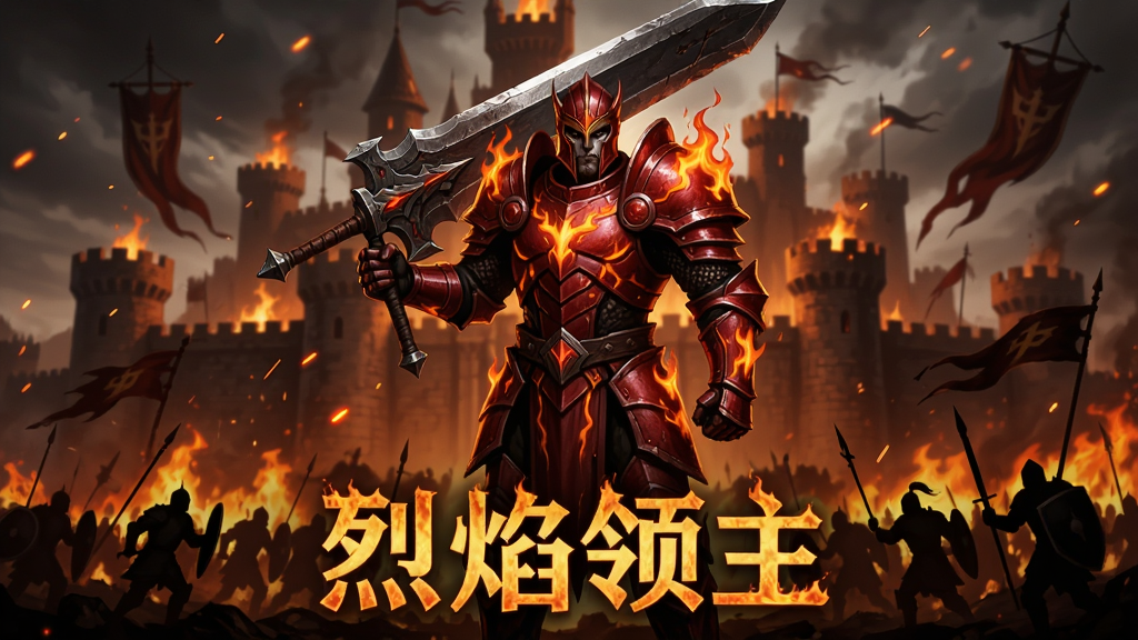 主体为一位身穿赤红铠甲手持巨剑的领主角色站在燃烧的城堡前,布局采用中心构图角色占据画面中央,排版上角色下方是燃烧的战场和冲锋的士兵剪影,风格为暗黑奇幻史诗风,细节包括铠甲上的火焰纹路、天空中飞舞的火星和远处飘扬的战旗,画面中下方用火焰字体写着“烈焰领主”,画质为高清游戏宣传海报级别,干净,无多余元素