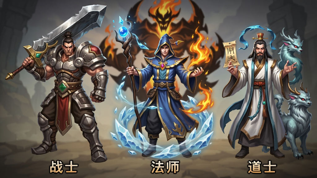 主体为三位分别代表战士法师道士的游戏角色并排站立,布局采用横向排列,排版上左侧战士手持巨剑身披重甲、中间法师手持法杖周身环绕冰火元素、右侧道士手持道符身边跟随神兽,风格为东方奇幻游戏原画,细节包括角色脚下的职业名称“战士”“法师”“道士”以及背景中的烈焰领主logo,画质为高清游戏角色展示图,干净,无多余元素