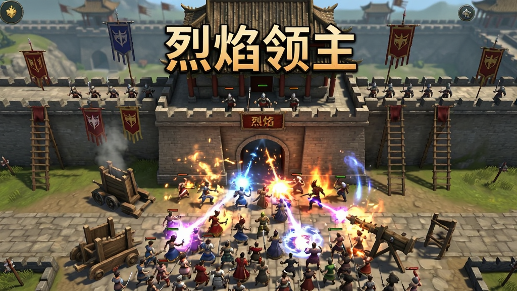 主体为一座宏伟的皇城城门正在被大量玩家角色围攻,布局采用远景俯视构图,排版上画面中央是城门和城墙上的守军、下方是密密麻麻的攻城玩家释放技能,风格为热血传奇团战场景,细节包括漫天飞舞的魔法特效、冲车和云梯等攻城器械、城墙上飘扬的行会旗帜,画面中浮现“烈焰领主”四个大字,画质为史诗级游戏战斗截图风格,干净,无多余元素