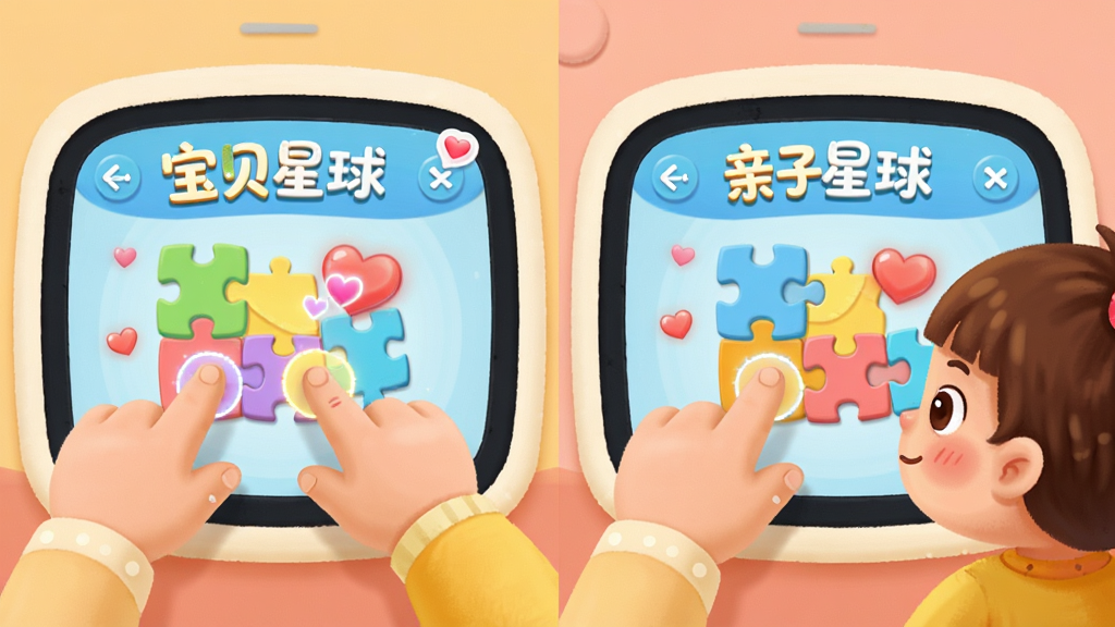 主体是宝贝星球亲子互动界面,布局为左右分屏家长与孩子角色,排版采用对称式,风格是温馨卡通,细节包括大手小手共同点击屏幕、彩色拼图块和爱心特效,画面中带有文字“宝贝星球”,画质高清,干净,无多余元素