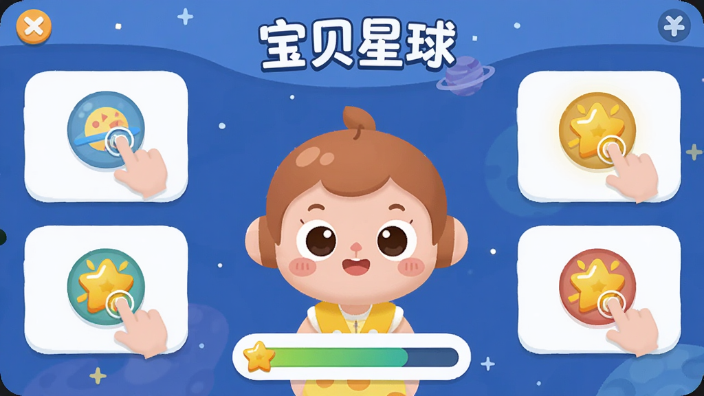 主体是宝贝星球新手引导界面,布局为中央向导角色与四周操作提示,排版采用上下结构,风格是扁平卡通,细节包括手指点击图标、星星奖励和进度条,画面中带有文字“宝贝星球”,画质高清,干净,无多余元素
