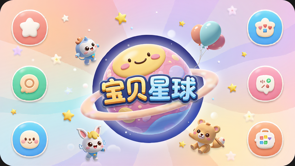 主体是宝贝星球应用主界面,布局为中央星球场景搭配四周功能入口,排版采用中心放射式,风格是明亮可爱的卡通3D,细节包括卡通小动物角色、彩色气球、星星点缀和柔和渐变背景,画面中带有文字“宝贝星球”,画质高清,干净,无多余元素