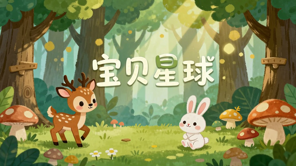 主体是宝贝星球中的森林探索场景,布局为前景卡通动物与背景树木分层排列,排版采用横向宽幅构图,风格是清新手绘卡通,细节包括小鹿、兔子、蘑菇和阳光光斑,画面中带有文字“宝贝星球”,画质高清,干净,无多余元素