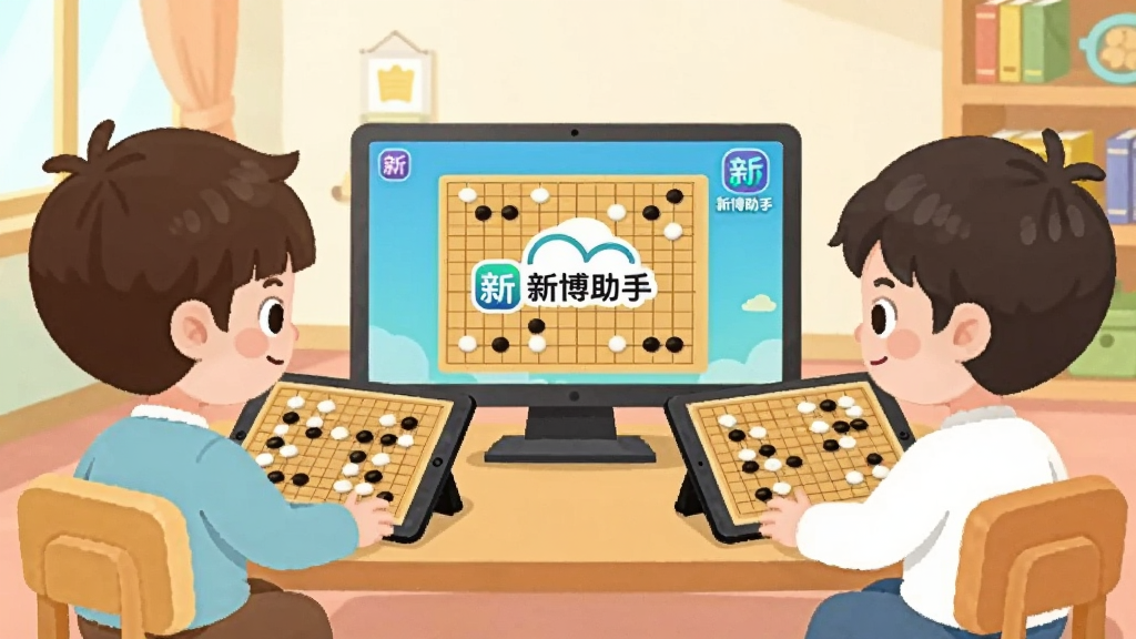 卡通风格少儿围棋在线对弈场景,画面中两个小朋友分别坐在屏幕两端通过平板电脑进行围棋对战,屏幕中央显示