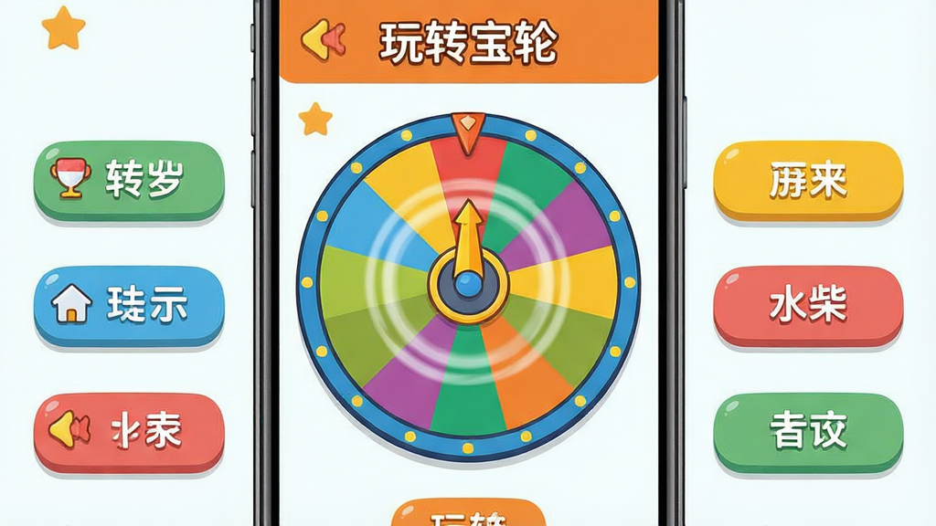 一张展示玩转宝轮主界面的手机屏幕截图,主体是色彩鲜艳的圆形轮盘,布局中心为轮盘,周围环绕各类选项按钮,排版采用居中对称,风格为扁平化卡通设计,细节包括轮盘上的扇形色块、指针和旋转动效残影,画质清晰干净,无多余元素,画面中带有“玩转宝轮”文字标识