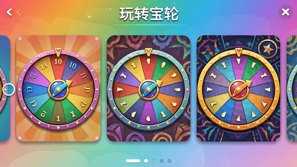 一张展示玩转宝轮主题皮肤选择界面的图片,主体是多个不同风格的轮盘预览图并排展示,布局为横向滑动选择,排版活泼,风格为多彩渐变,细节包括轮盘颜色、指针样式和背景图案的差异,画质细腻,干净整洁,画面中有“玩转宝轮”文字