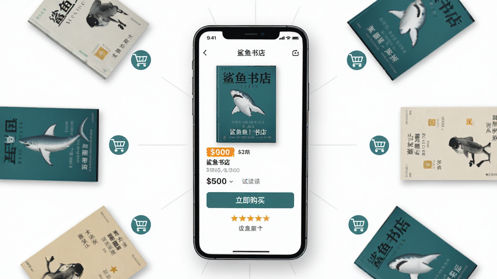 画面主体为一部智能手机展示鲨鱼书店的图书详情页,布局采用手机居中、周围环绕图书封面与购物车图标,排版采用放射状构图,风格为清爽简约的UI展示风,细节包括价格标签、立即购买按钮、试读按钮、五星好评,画质高清,干净无多余元素,图片中文字为“鲨鱼书店”