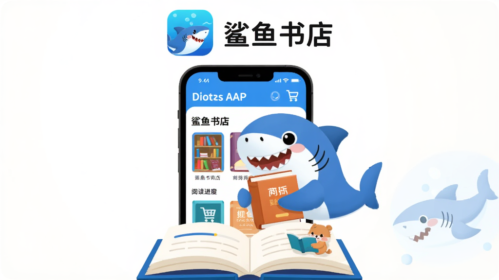 画面主体为一只卡通鲨鱼抱着书本的可爱形象,布局采用居中构图,上方为鲨鱼书店APP的图标与名称展示,中间为手机屏幕界面展示图书商城首页,下方为翻开的书本与阅读场景,排版简洁清晰,风格为扁平化现代科技感,细节包括书架、购物车图标、阅读进度条,画质高清,干净无多余元素,图片中文字为“鲨鱼书店”