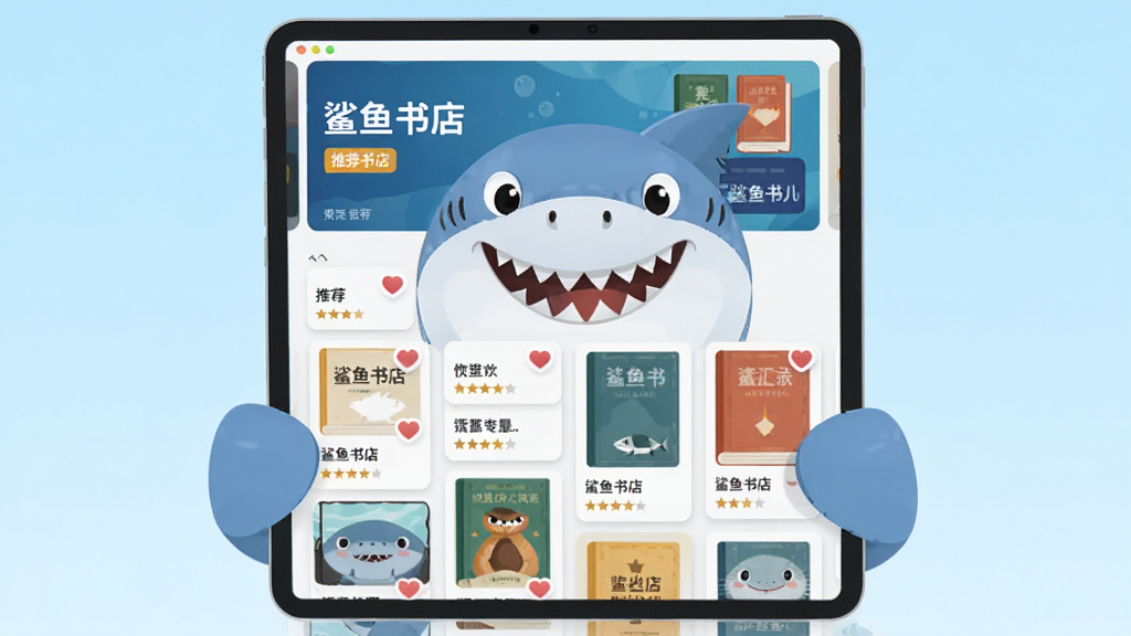 画面主体为一只卡通鲨鱼手持平板电脑展示个性化推荐界面,布局采用上下结构,上方为推荐横幅,下方为图书卡片网格,排版采用瀑布流布局,风格为现代扁平化设计,细节包括推荐标签、爱心收藏图标、评分星星,画质高清,干净无多余元素,图片中文字为“鲨鱼书店”