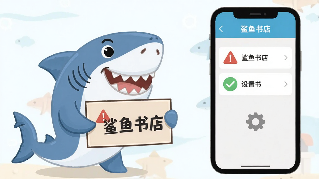 画面主体为一只卡通鲨鱼手持提示牌站在手机旁,布局采用左右结构,左侧为鲨鱼与提示牌,右侧为手机屏幕展示设置界面,排版清晰直观,风格为扁平化插画风,细节包括警告图标、对勾图标、齿轮设置图标,画质高清,干净无多余元素,图片中文字为“鲨鱼书店”