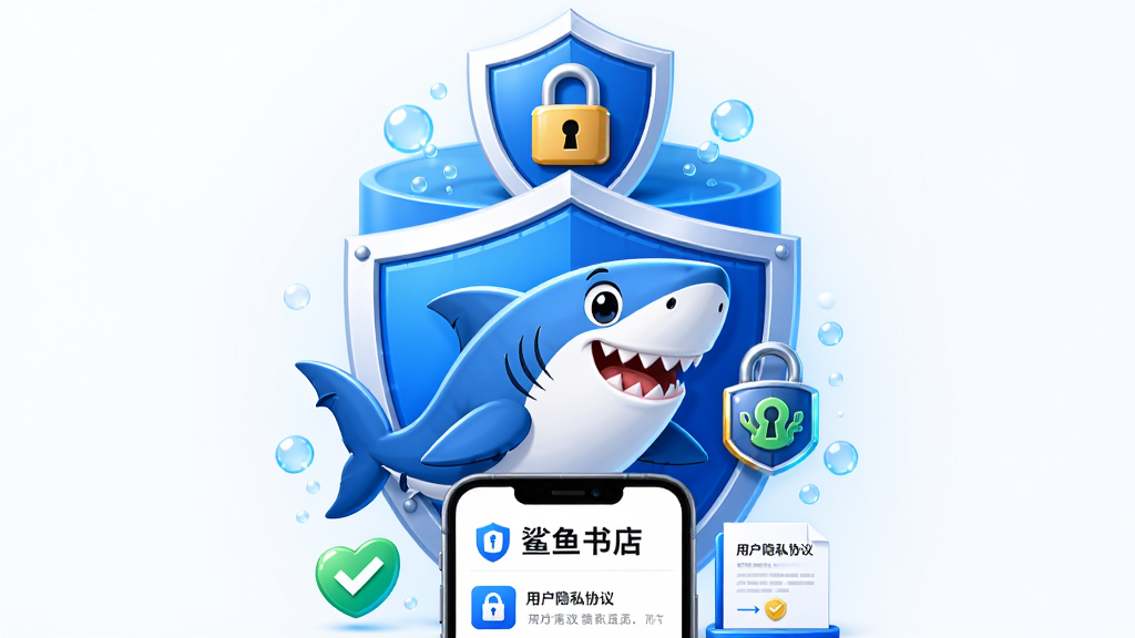 画面主体为一只卡通鲨鱼守护着盾牌与锁形图标,布局采用居中对称构图,上方为盾牌与锁,中间为鲨鱼形象,下方为手机支付界面,排版简洁稳重,风格为安全科技风,细节包括加密符号、对勾图标、用户隐私协议文档,画质高清,干净无多余元素,图片中文字为“鲨鱼书店”