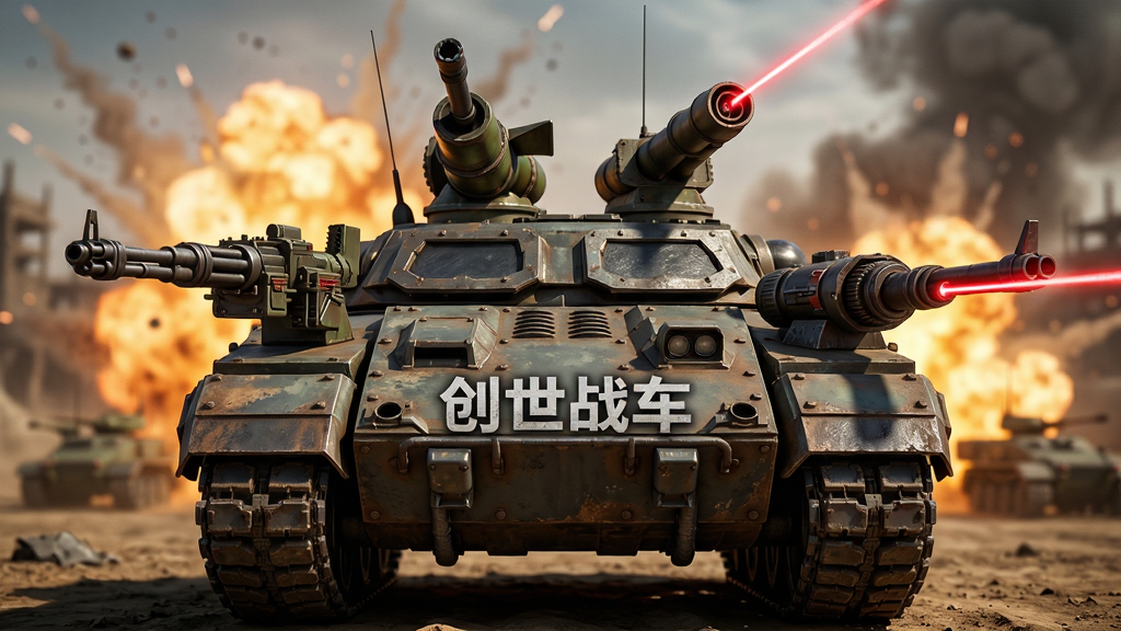 画面主体为一辆装备多种武器的战车,布局为战车正面展示,排版采用居中构图,风格为科幻废土风,细节包含机枪、火箭炮、激光发射器、装甲板,背景有爆炸火光,画质高清,干净,无多余元素,画面中带有“创世战车”文字