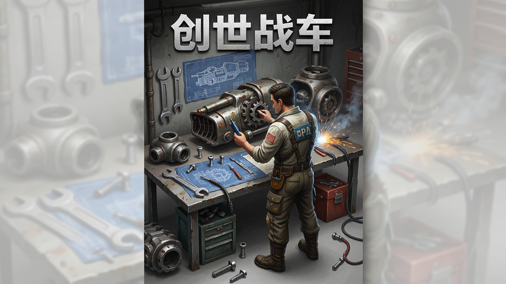 画面主体为一位废土工程师正在组装战车,布局为工程师站在工作台前,周围散落各种战车零件,排版采用竖版构图,风格为末日工业风,细节包含扳手、螺丝、焊接火花、蓝图图纸,画质高清,干净,无多余元素,画面中带有“创世战车”文字