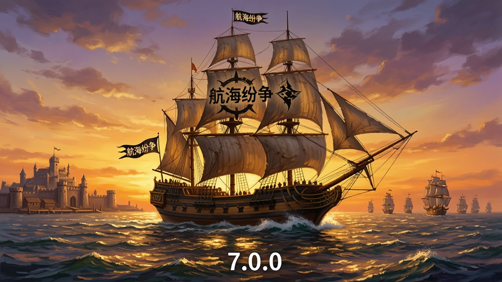 一幅宏大航海主题数字插画,画面中央是一艘三桅帆船在金色夕阳下破浪前行,船身带有“航海纷争”字样旗帜,远处海平线上隐约可见港口城堡与舰队轮廓,天空呈现橙紫渐变,海面波光粼粼,画面下方有“7.0.0”版本标识,整体风格写实航海油画质感,细节丰富,画质清晰干净,无多余元素