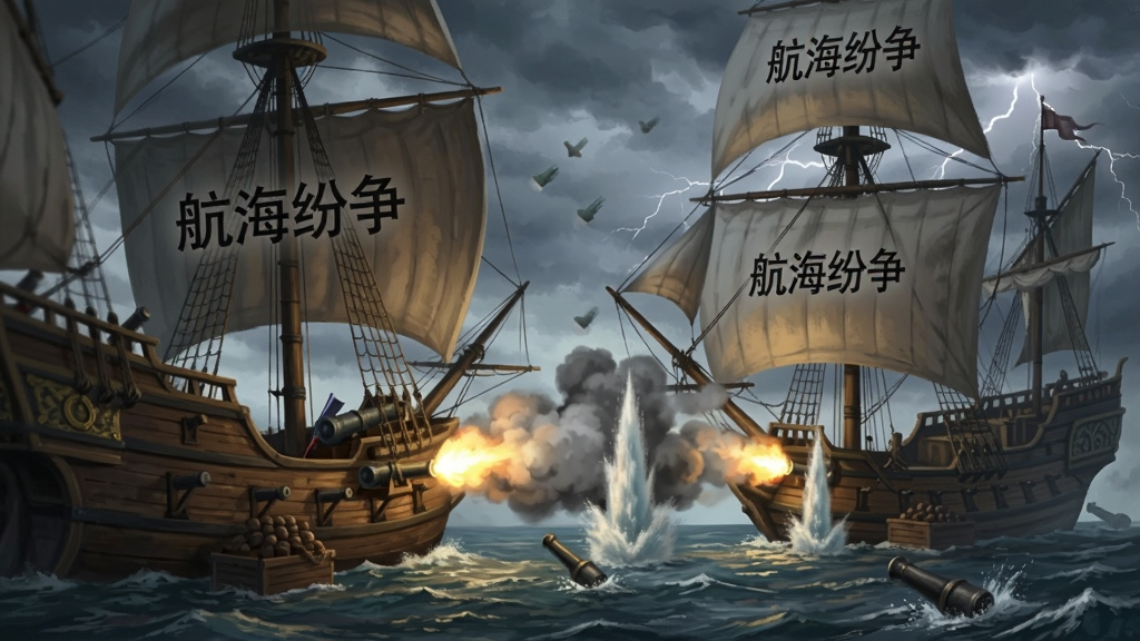 一幅海战场景数字插画,画面中两艘中世纪帆船正在近距离交火,炮口喷出火光与浓烟,海面被炮弹激起水柱,船帆上印有“航海纷争”字样,背景是暴风雨前的阴沉天空,闪电划破云层,整体风格写实且富有张力,画质清晰干净,无多余元素