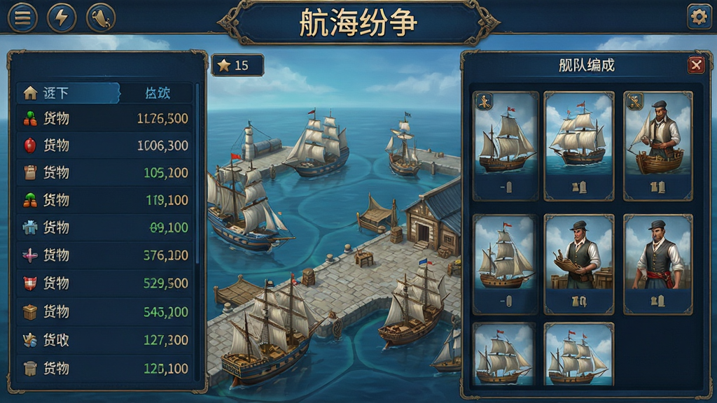 一幅航海策略游戏界面概念图,画面展示港口交易界面与舰队编成面板,左侧是货物价格列表,右侧是船只与船员卡片,界面顶部有“航海纷争”标题栏,整体风格为深蓝色航海主题UI,布局清晰,细节丰富,画质干净,无多余元素