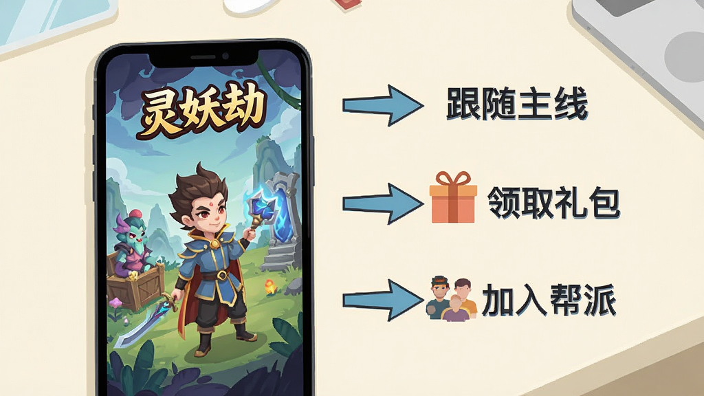 一幅手机游戏新手引导场景的示意图,画面中一部智能手机屏幕显示“灵妖劫”的游戏界面,旁边有箭头标注“跟随主线”“领取礼包”“加入帮派”等步骤,背景是简洁的浅色桌面,整体风格为扁平化信息图,画质清晰,文字用中文标注,干净无多余元素