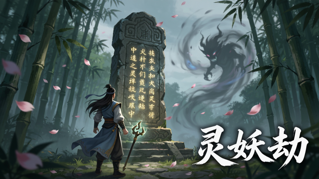 一幅描绘游戏内奇遇场景的插画,画面中一位修真者站在古老石碑前,石碑上浮现出发光的文字,周围是茂密的竹林与飘落的花瓣,远处有隐约的妖气旋涡,画面右下角用毛笔字体写着“灵妖劫”,整体风格为唯美古风,画质清晰,干净无杂物