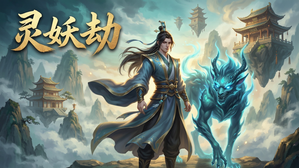 一幅东方玄幻风格的游戏场景主视觉图,画面中央是一位身着飘逸长袍的修真者与一只通体散发幽光的灵妖并肩而立,背景是云雾缭绕的仙山与悬浮的古老楼阁,画面左上角用金色书法字体写着“灵妖劫”,整体采用国风插画风格,色彩以青蓝与暖金为主,细节丰富,画质清晰干净,无多余元素