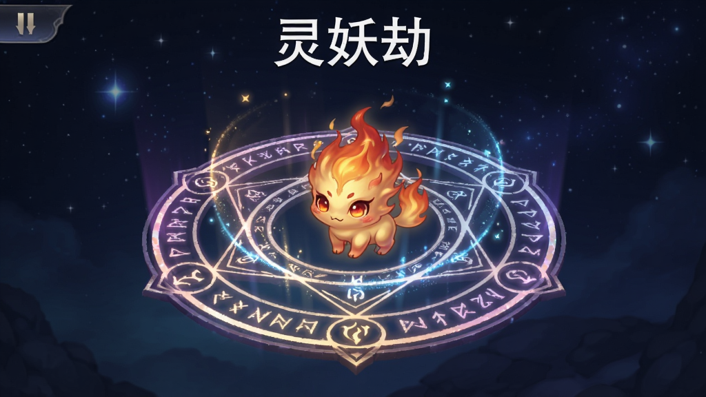 一幅展示妖灵契约界面的游戏截图风格图,画面中一个圆形法阵悬浮在空中,法阵中央是一只小巧可爱的火焰妖灵,周围环绕着符文光效,背景是深蓝色的星空,画面正上方用白色字体写着“灵妖劫”,整体风格为玄幻游戏UI插画,画质精细,干净整洁,无多余装饰元素