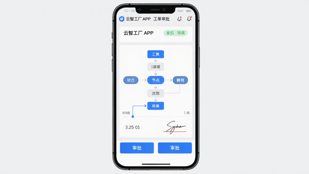 主体是云智工厂APP工单审批界面,布局为顶部工单编号、中部流程节点图、底部审批按钮;排版纵向排列,逻辑清晰;风格为简约商务风,浅灰底色配蓝色高亮按钮;细节包含状态标签、时间线与签名区域;画质高清,画面干净利落,无多余装饰。