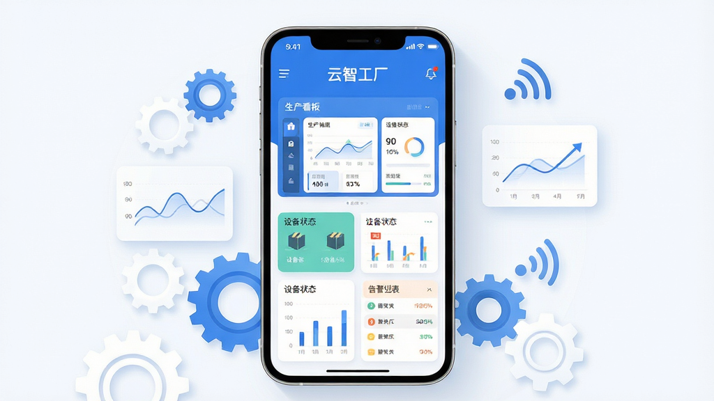 主体是一台竖屏智能手机,屏幕中显示云智工厂APP主界面,界面包含生产看板、设备状态卡片与告警列表;布局为手机居中,周围环绕简约的工厂齿轮、数据折线与信号图标;排版采用上下结构,上方为软件名称文字,下方为功能模块示意;风格为现代扁平化科技风,蓝白配色;细节包括干净的阴影、圆角卡片与清晰的数据图表;画质高清,画面干净整洁,无多余元素。