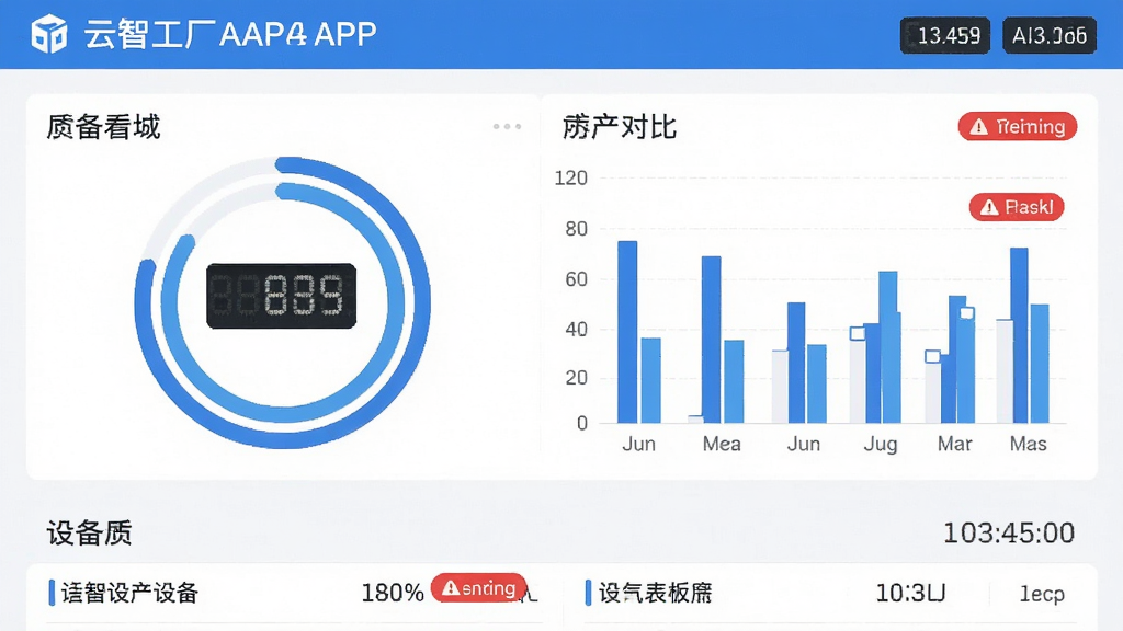 主体是云智工厂APP的生产看板界面截图风格画面,布局为上方标题栏、中部环形进度图与柱状对比图、下方设备列表;排版整齐,信息层级分明;风格为清新商务蓝白配色;细节包含数字跳动效果、红色预警标签与时间戳;画质清晰,界面干净无杂乱元素。