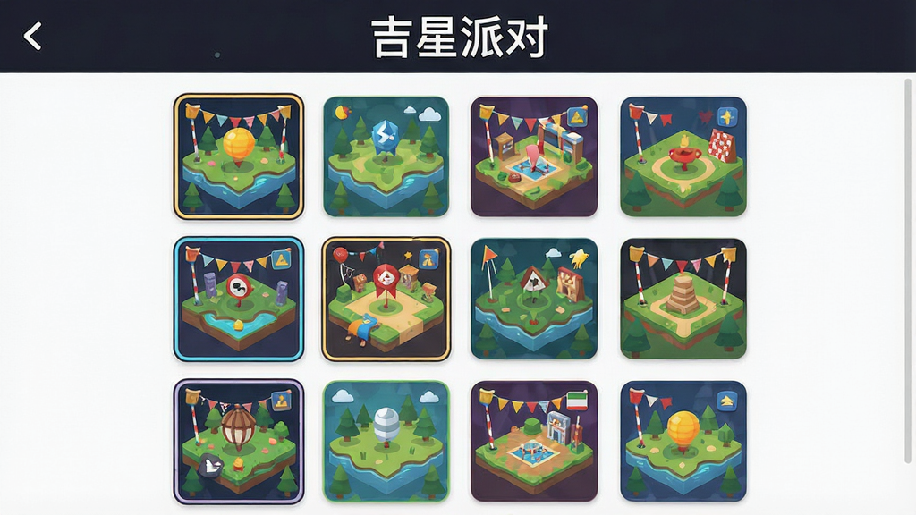 吉星派对游戏地图选择界面,画面展示多个主题地图缩略图排列成网格状,布局为纵向滚动列表,排版顶部有“吉星派对”标题,风格为扁平化UI设计,细节包括地图图标精致、色彩区分明显、选中状态有高亮边框,画质干净整洁无多余元素