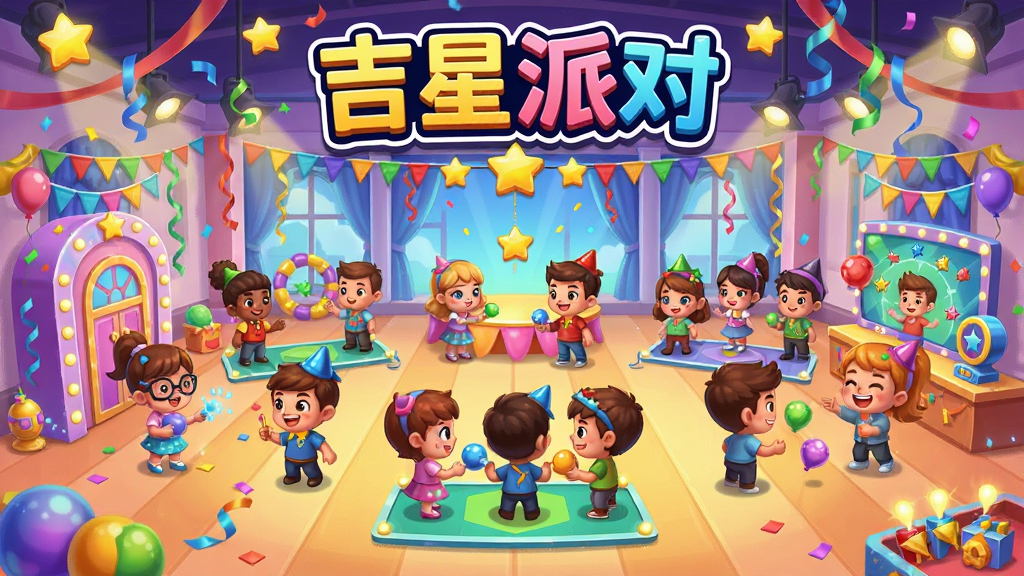 吉星派对游戏主界面全景展示,画面中央是色彩缤纷的派对大厅,多个卡通角色正在进行互动游戏,背景有星星和彩带装饰,布局为横向宽幅构图,排版突出游戏名称“吉星派对”位于画面上方,风格为卡通休闲游戏宣传图,细节包括角色表情生动、场景明亮欢快、道具丰富,画质高清干净无多余元素