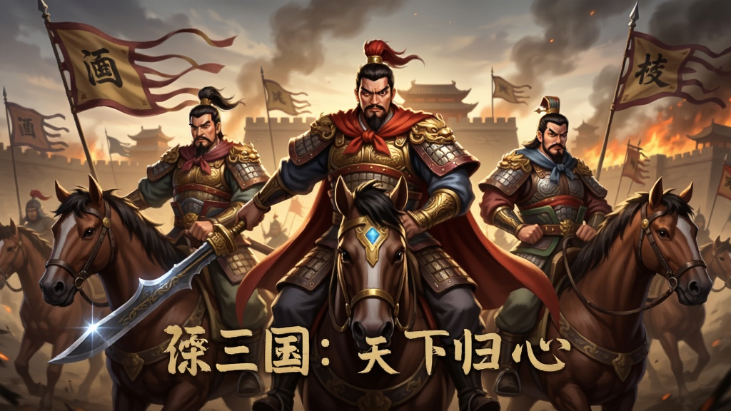 一张以三国:天下归心为主题的游戏宣传图,画面中央是三位威风凛凛的三国武将骑马列阵,背景是燃烧的城池与飘扬的军旗,布局采用横向构图,排版上武将位于视觉中心,风格为精致国风CG插画,细节包括铠甲纹路、兵器反光、战场硝烟,画质高清,干净,无多余元素
