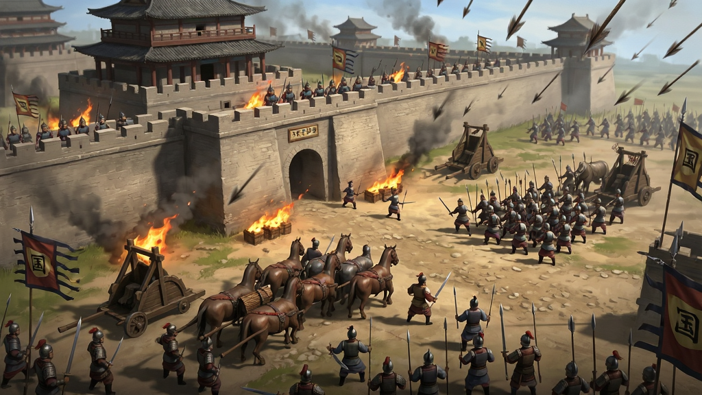一张展现三国:天下归心国战场景的图片,画面主体是两支军队在城池下激烈交战,布局采用远景俯视角度,排版上城墙与士兵形成层次感,风格为史诗战争插画,细节包括攻城车、箭雨、火焰特效,画质高清,干净,无多余元素