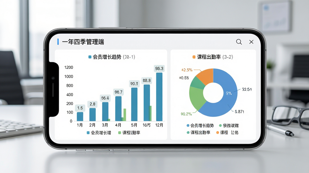 一年四季管理端数据统计页面,手机屏幕显示柱状图与饼图,包含会员增长趋势与课程出勤率,背景为现代办公室桌面,布局采用正面平视,排版以图表为中心,风格为商务简洁,细节有数据标签与图例说明,画质高清,干净无多余装饰,屏幕内文字为“一年四季管理端”