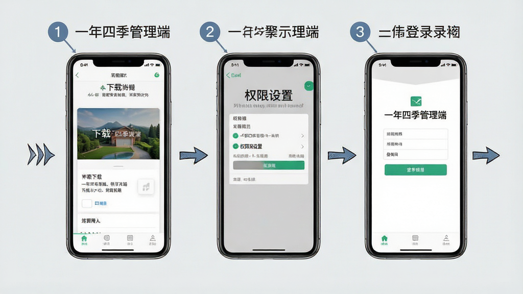 一年四季管理端手机安装步骤示意图,画面展示三部手机并排,分别显示下载页面、权限设置页面、登录界面,背景为浅灰色,布局采用横向排列,排版清晰标注步骤序号,风格为教程图解,细节包含箭头指示与文字说明,画质清晰,干净无多余元素,屏幕内文字为“一年四季管理端”