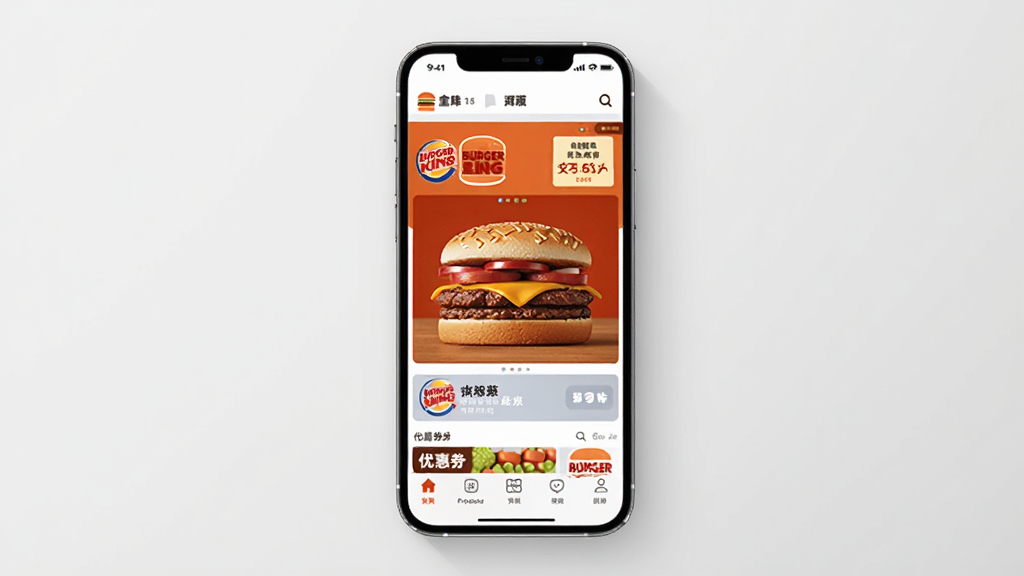 一张展示汉堡王中国App界面的手机样机图,画面中央是手机屏幕,屏幕内显示汉堡王中国App首页,有皇堡产品图、优惠券横幅和底部导航栏,背景为干净的浅灰色,布局简洁,风格现代科技感,细节清晰,画质高清,干净无多余元素。
