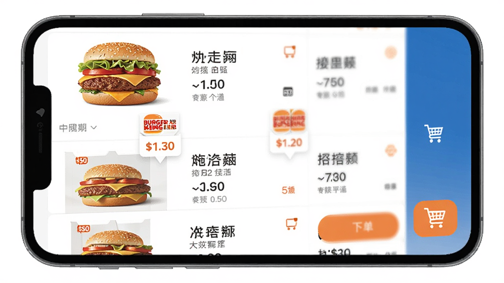 一张汉堡王中国App点餐界面的特写图,主体为手机屏幕显示菜单列表和购物车按钮,布局居中对齐,风格为扁平化设计,细节包括汉堡图片、价格标签和下单按钮,画质清晰,干净无多余元素。