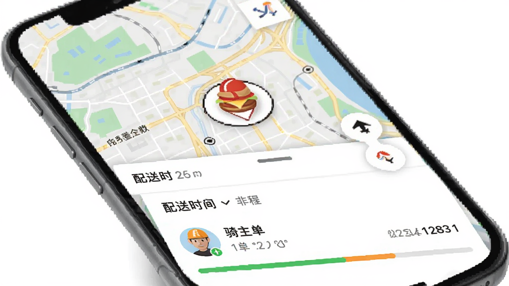 一张汉堡王中国App外送追踪界面的示意图,主体为手机屏幕显示地图和骑手图标,布局上方为地图下方为订单详情,风格简洁明快,细节包括配送时间、骑手头像和进度条,画质高清,干净无多余元素。