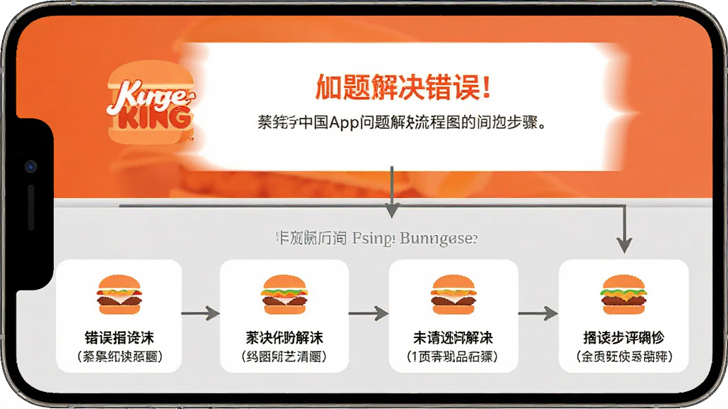 一张汉堡王中国App问题解决流程图,主体为手机屏幕显示错误提示与解决步骤,布局为上下结构,风格信息图,细节包括图标、箭头和文字说明,画质清晰,干净无多余元素。
