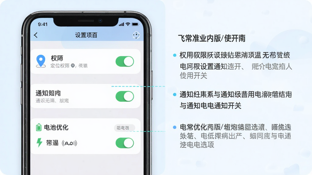 飞常准业内版使用指南示意图,主体为手机屏幕展示权限设置与通知开关界面,布局为左右分栏左侧为设置项右侧为说明文字,排版整齐,风格为清新浅色系,细节包括定位权限图标、通知开关、电池优化选项,画质清晰干净无多余元素