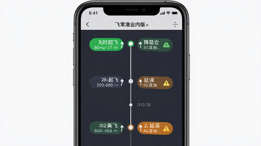 飞常准业内版航班动态追踪功能界面,主体为手机屏幕展示航班时间轴与状态标签,布局为纵向时间线排列,排版突出起飞、巡航、降落三个节点,风格为商务简约风,细节包含绿色正常状态标识、橙色延误警示、机场代码与时间戳,画质清晰干净无多余元素