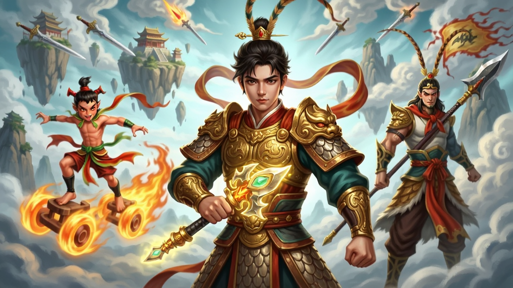 一幅展现封神幻想世界宏大场景的插画,画面中央是一位身穿华丽古风战甲的年轻主角,手持散发金光的神器,背景左侧是哪吒脚踏风火轮,右侧是杨戬手持三尖两刃刀,远处有悬浮的仙山与宫殿,天空中有祥云与飞剑,整体布局采用对称式构图,风格为国风玄幻CG插画,细节丰富,色彩以金色、红色和青色为主,画质高清,干净,无多余元素