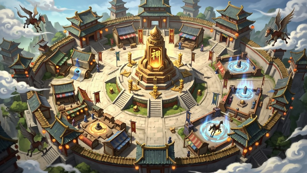 封神幻想世界主城场景全景插画,画面展示一座繁华的古代仙侠城池,布局为鸟瞰视角,中央是巨大的封神台,四周分布着商铺、擂台与传送阵,有飞行坐骑与祥云环绕,风格为国风玄幻场景概念图,细节包括灯笼、旗帜与建筑雕梁,画质高清,干净,无多余元素
