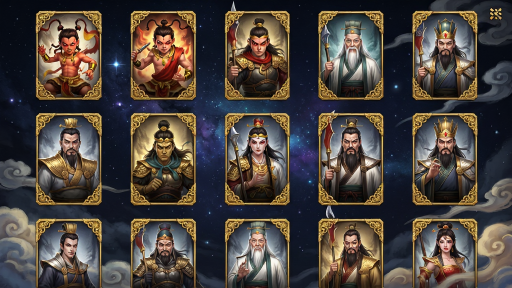 封神幻想世界游戏界面截图风格的插画,画面展示一个古风卡牌收集界面,布局为网格状排列,每张卡牌上绘制不同的封神角色,如哪吒、杨戬、姜子牙等,卡牌边框为金色雕花,背景是深邃的星空与祥云,风格为国风游戏UI,细节精致,画质高清,干净,无多余元素