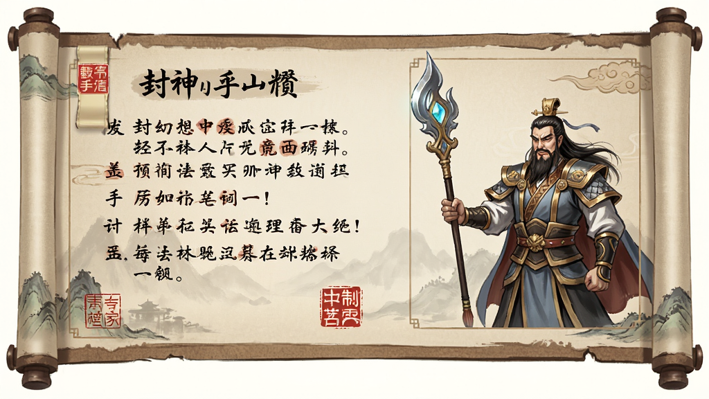 封神幻想世界新手引导界面插画,画面展示一个古风卷轴展开的教程面板,布局为左侧是文字说明,右侧是角色操作演示,风格为国风游戏UI,细节包括毛笔字迹与印章装饰,画质高清,干净,无多余元素