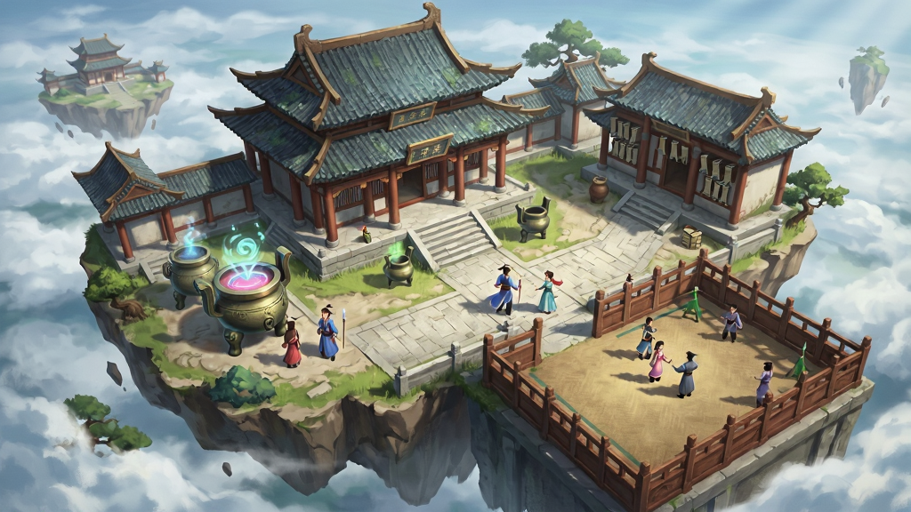 封神幻想世界宗门场景插画,画面展示一座悬浮在云海中的仙家宗门,布局为俯瞰视角,主体建筑包括大殿、炼丹炉、藏经阁与演武场,有身着古装的玩家角色在场景中走动交流,风格为国风仙侠场景原画,细节丰富,画质高清,干净,无多余元素