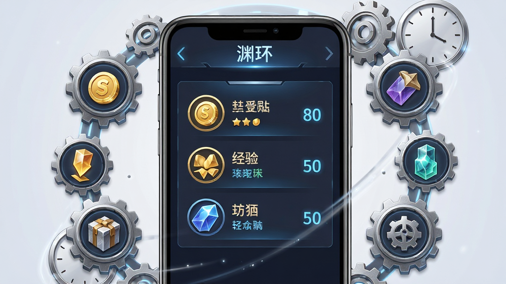 画面主体为一个手机屏幕界面,屏幕中显示渊环游戏的挂机收益面板,包含金币、经验、材料等图标与数字,屏幕周围有齿轮与时钟元素环绕;布局为手机居中,收益图标呈环形分布在手机四周;排版上软件名称“渊环”显示在屏幕顶部;风格为简洁科技风,细节包括图标纹理、数字光效、齿轮金属质感;画质高清,画面干净,无多余元素。