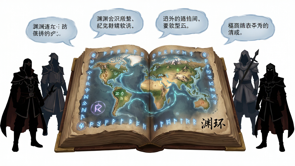 画面主体为一本展开的魔法书,书页上浮现出渊环大陆的地图与发光符文,周围环绕着几位不同阵营的角色剪影;布局为书本居中,左右两侧分布角色剪影,上方有漂浮的剧情文字气泡;排版上软件名称“渊环”以手写体出现在书页角落;风格为奇幻魔法风,细节包括书页纹理、符文光效、角色剪影的服饰轮廓;画质清晰,画面干净,无多余元素。