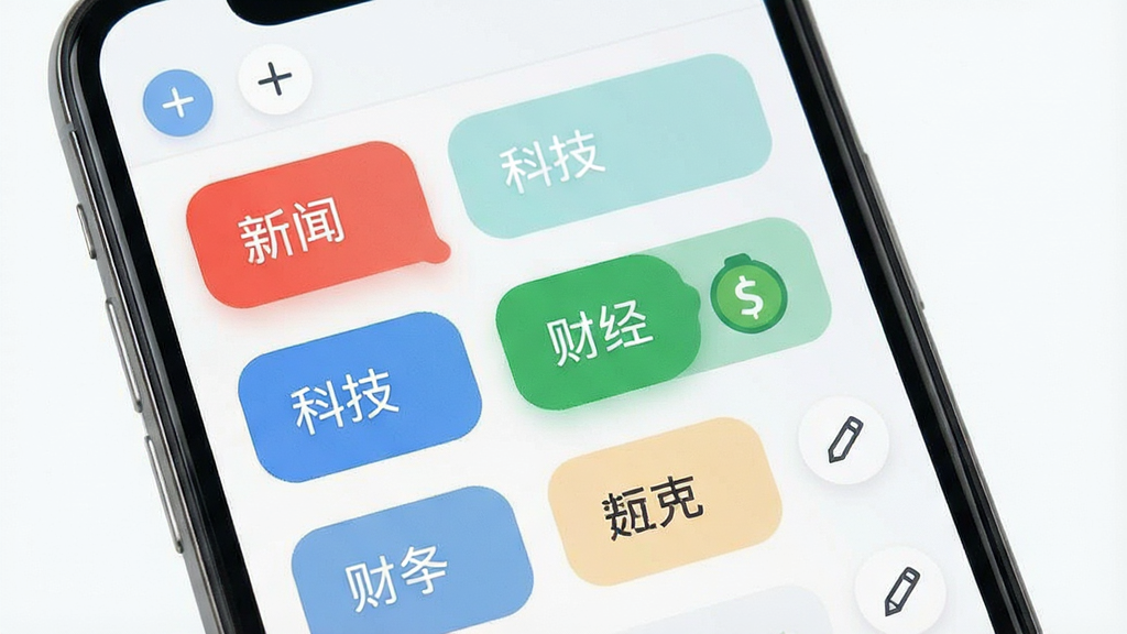 一张展示常观软件频道管理界面的预览图,主体为手机屏幕显示可拖拽排序的频道标签,标签包含新闻、科技、财经等字样,布局为网格状排列,风格为清爽浅色系,细节包含添加按钮与编辑状态图标,画质清晰,干净,无多余元素